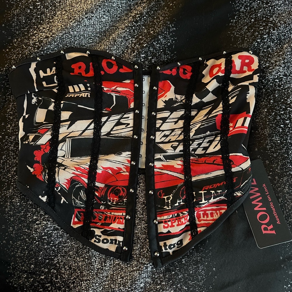 ROMWE Black Red White Graphic Strapless Corset Crop Top
